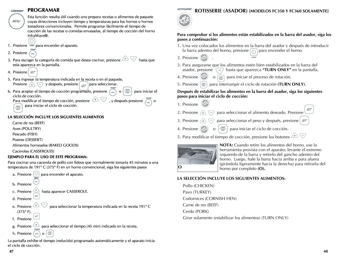 Black & Decker manual Programar, ROTISSERIE ASADOR MODELOS FC350 Y FC360 SOLAMENTE, Ejemplo Para El Uso De Este Programa 