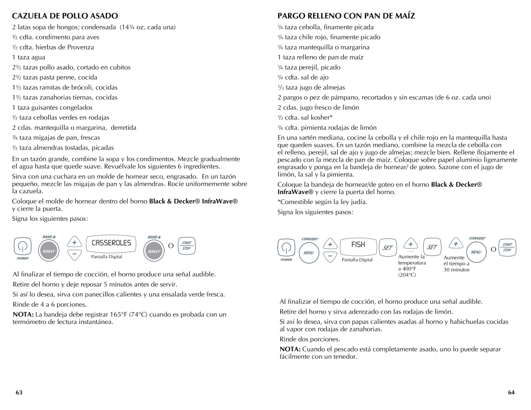 Black & Decker FC300, FC350, FC360 manual Pargo relleno con pan de maíz, Cazuela de pollo asado, Black & Decker InfraWave 