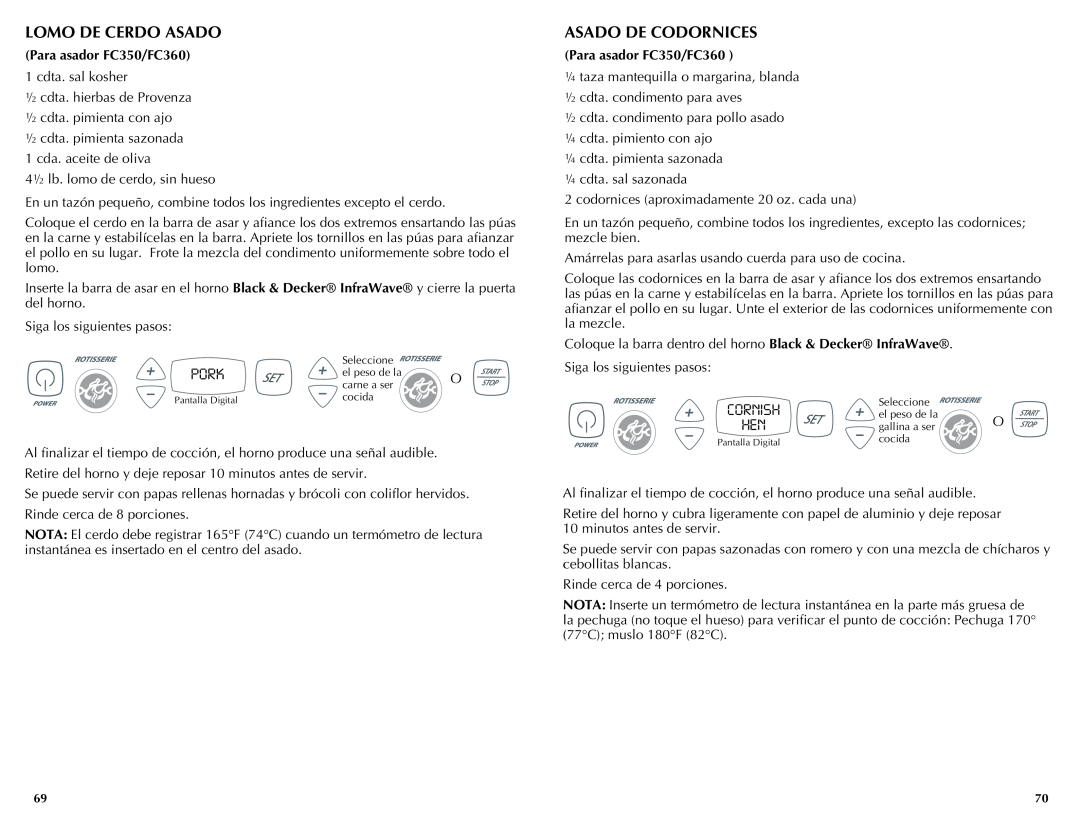 Black & Decker FC300 manual Lomo de cerdo asado, Asado de codornices, Para asador FC350/FC360, Pantalla Digital 
