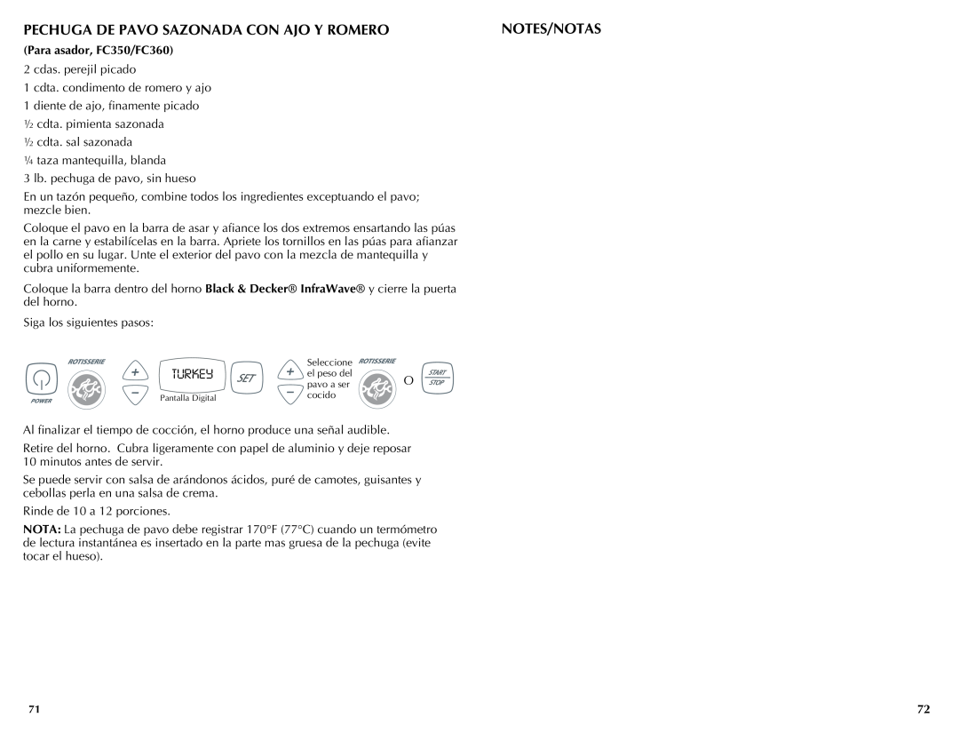 Black & Decker FC300 manual Pechuga de pavo sazonada con ajo y romero, Notes/Notas, Para asador, FC350/FC360 