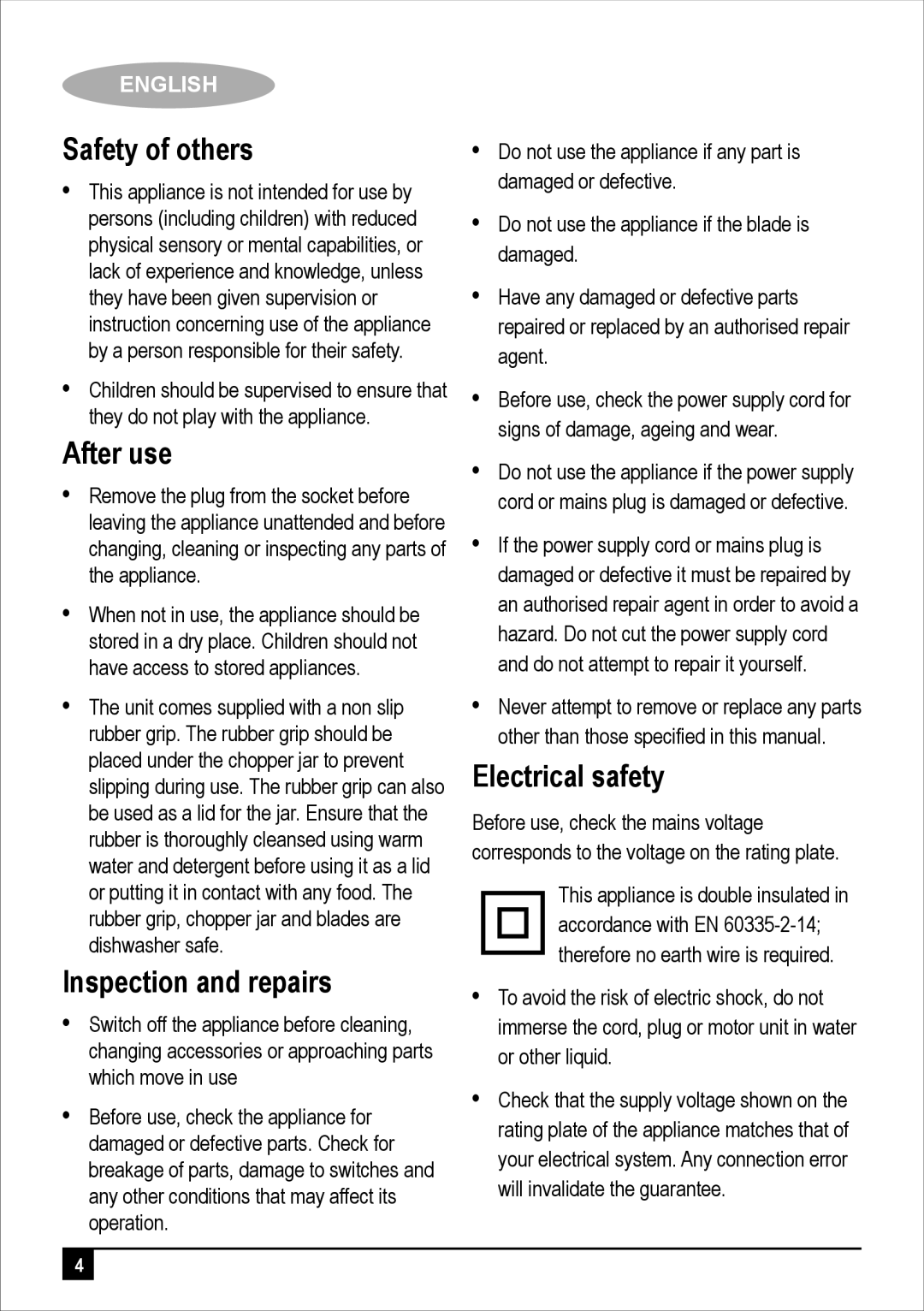 Black & Decker FC300 manual Safety of others, After use, Inspection and repairs, Electrical safety 