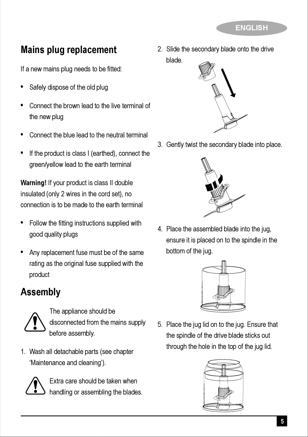 Black & Decker FC300 manual Mains plug replacement, Assembly 