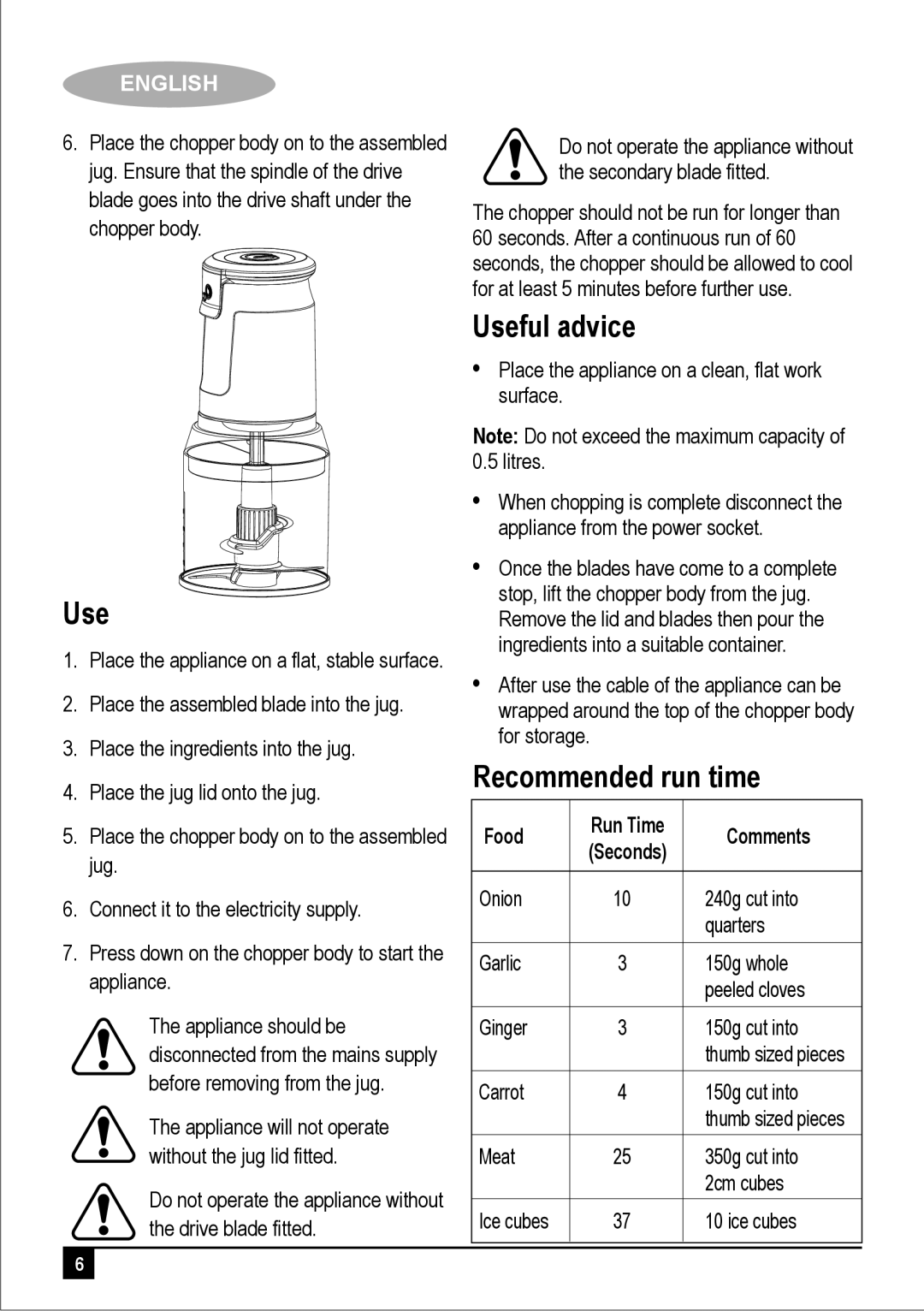 Black & Decker FC300 manual Useful advice, Recommended run time, Food Run Time Comments 