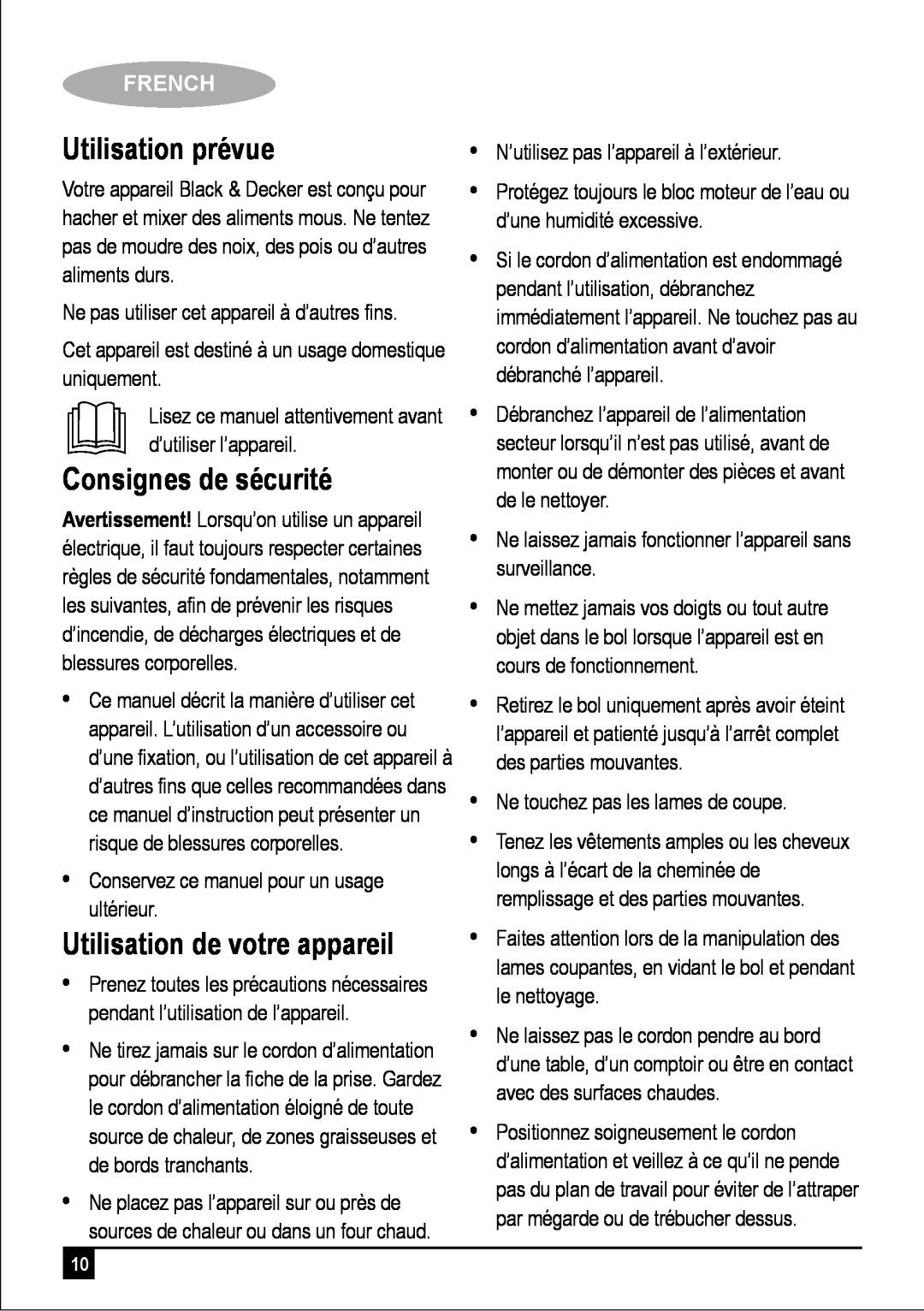 Black & Decker FC300 manual Utilisation prévue, Consignes de sécurité, Utilisation de votre appareil, French 