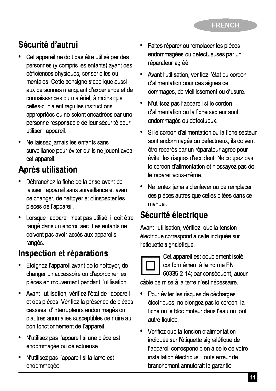 Black & Decker FC300 manual Sécurité d’autrui, Après utilisation, Inspection et réparations, Sécurité électrique, French 