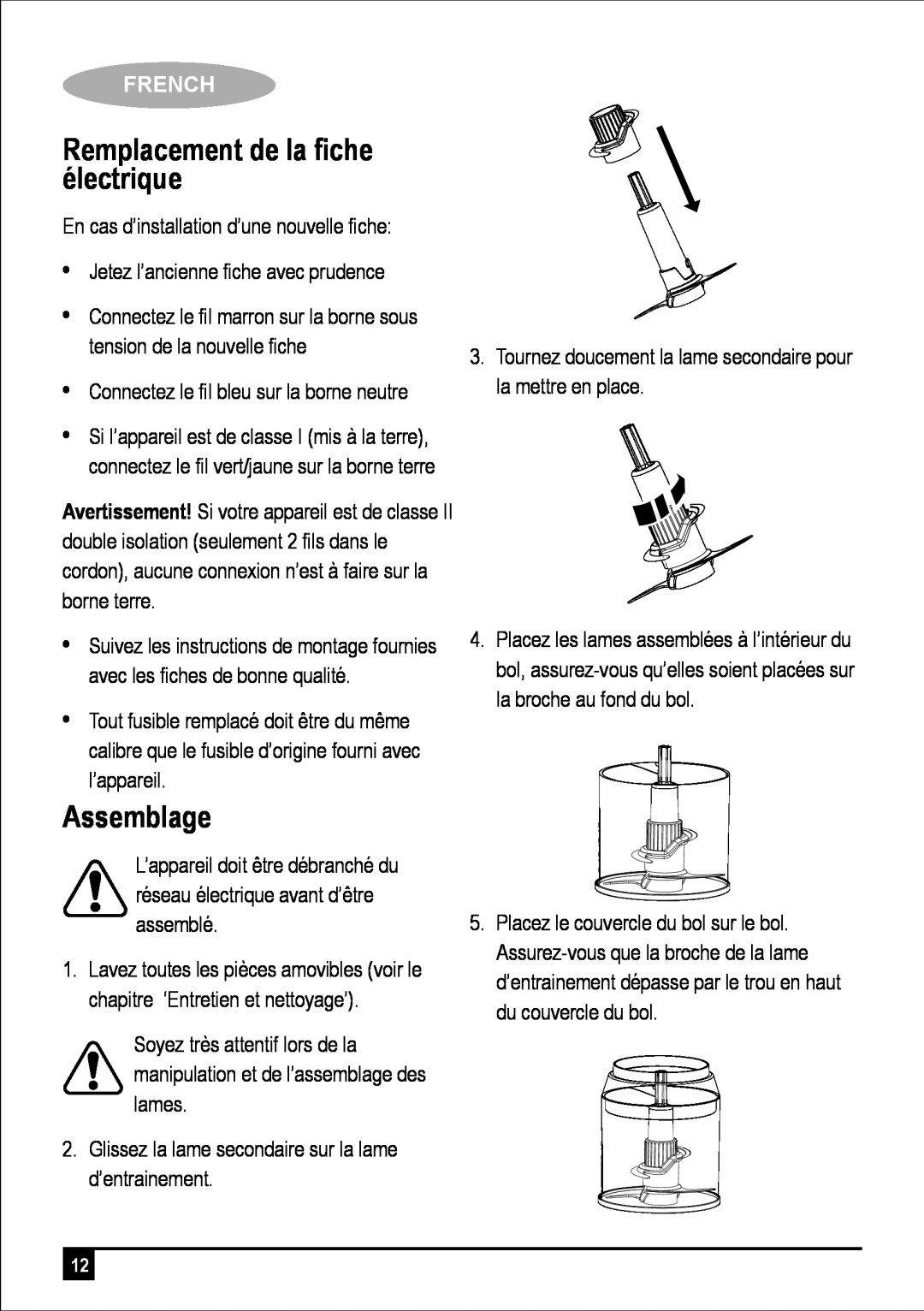 Black & Decker FC300 manual Remplacement de la ﬁche électrique, Assemblage, French 