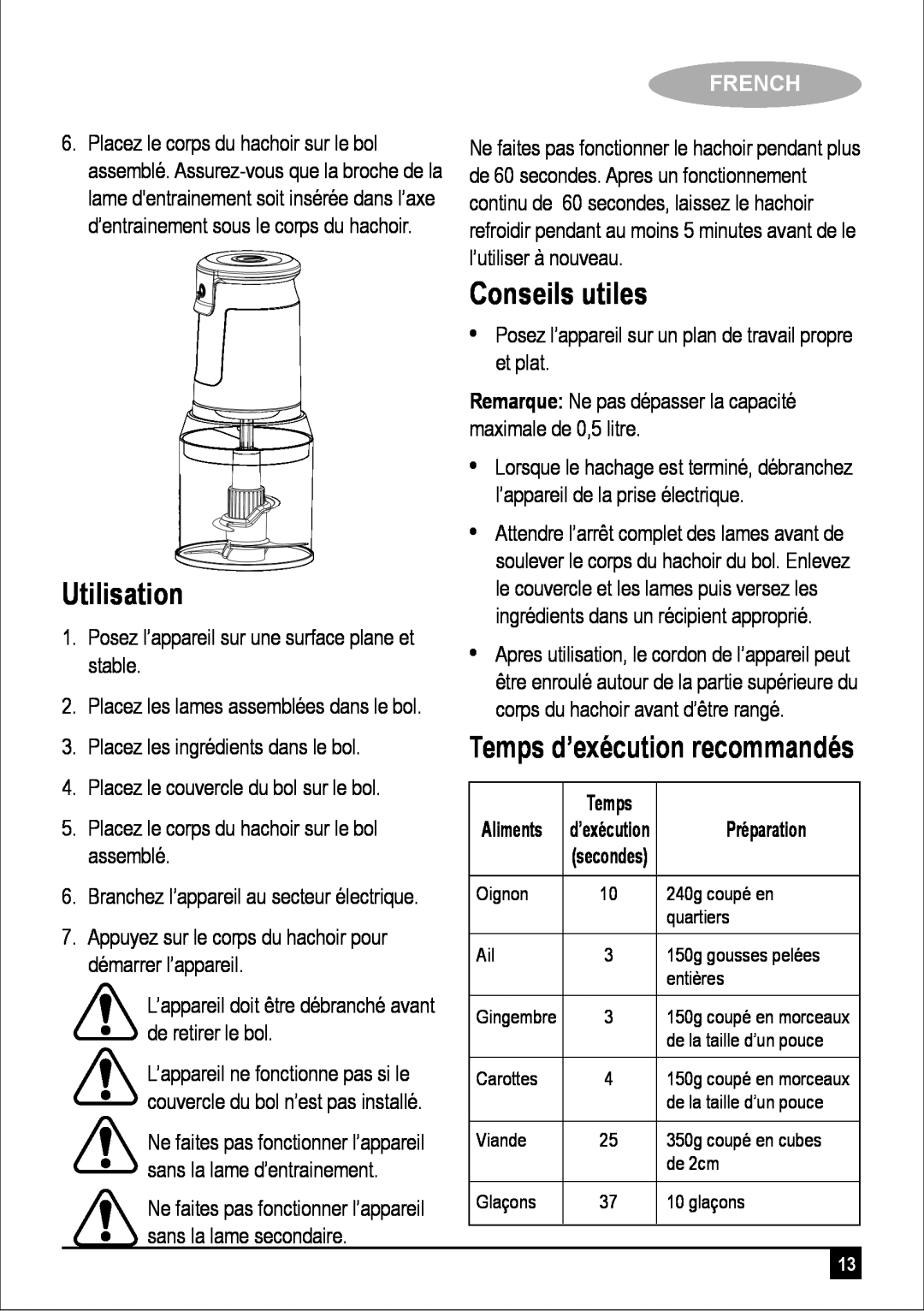 Black & Decker FC300 manual Utilisation, Conseils utiles, Temps d’exécution recommandés, French, Aliments, Préparation 