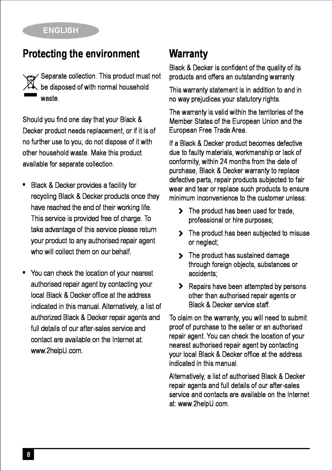 Black & Decker FC300 manual Protecting the environment, Warranty, English 