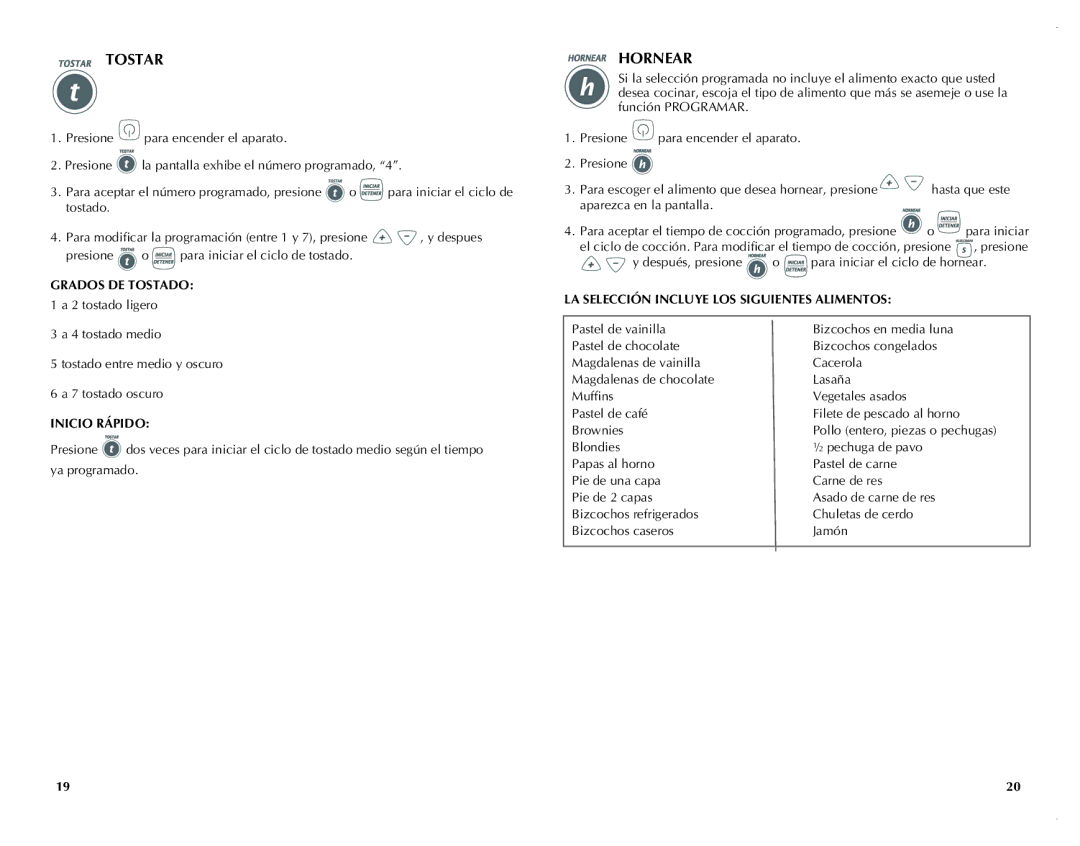 Black & Decker FC351B manual Tostar, Hornear, Grados DE Tostado 