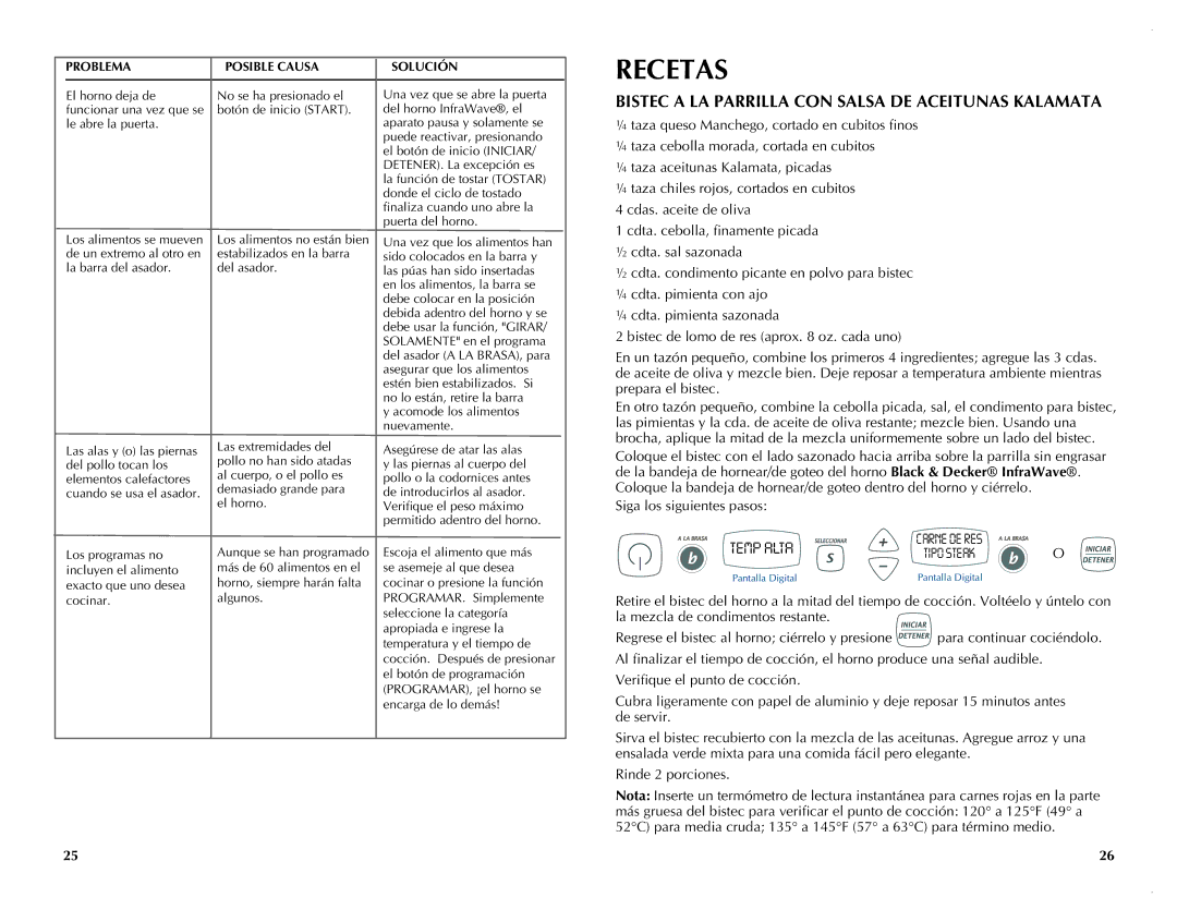 Black & Decker FC351B manual Recetas, Bistec a la parrilla con salsa de aceitunas Kalamata 