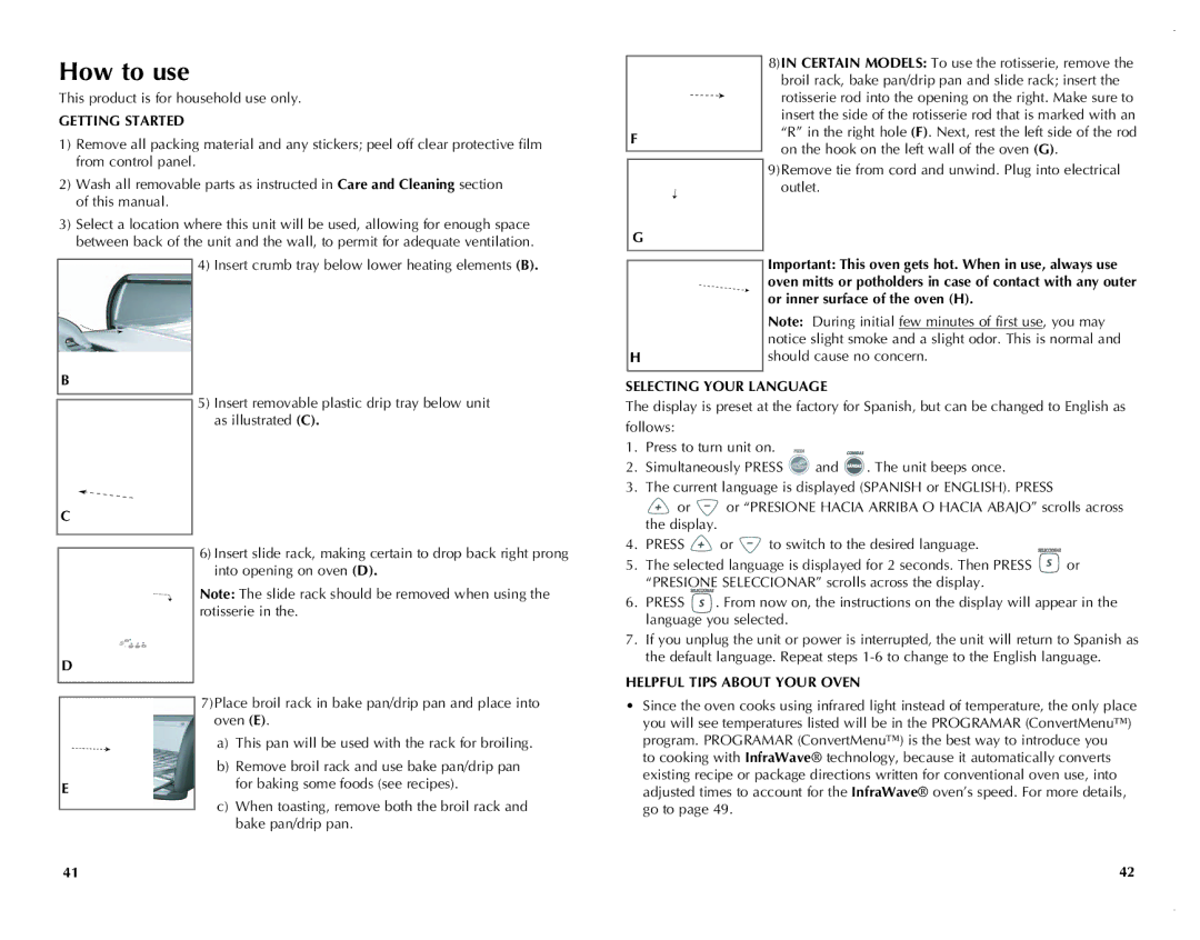 Black & Decker FC351B manual Getting Started, Selecting Your Language, Helpful Tips about Your Oven 