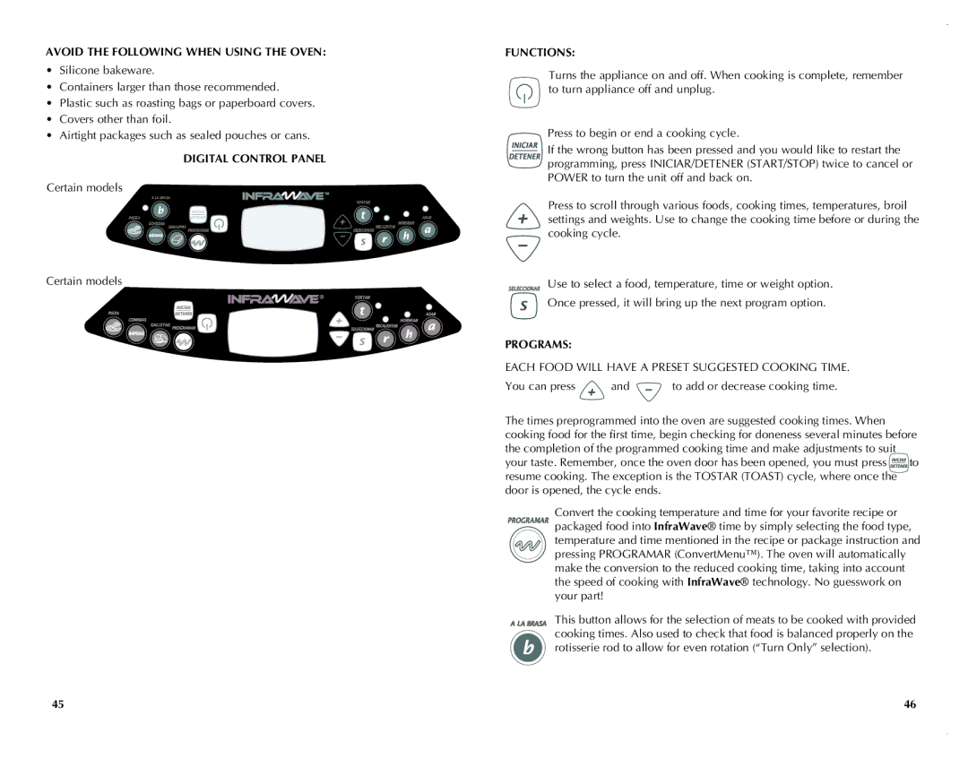 Black & Decker FC351B manual Avoid the Following When Using the Oven, Digital Control Panel, Functions, Programs 