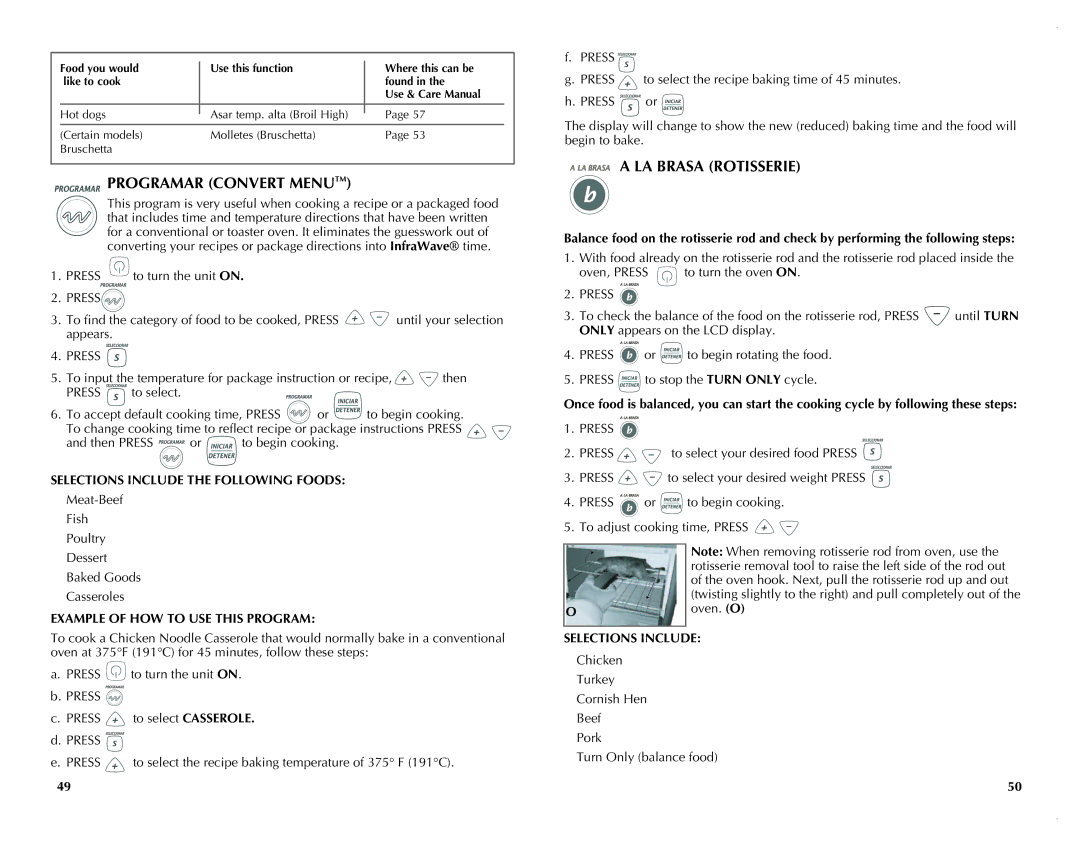 Black & Decker FC351B manual Programar Convert Menutm, LA Brasa Rotisserie, Selections Include the Following Foods 