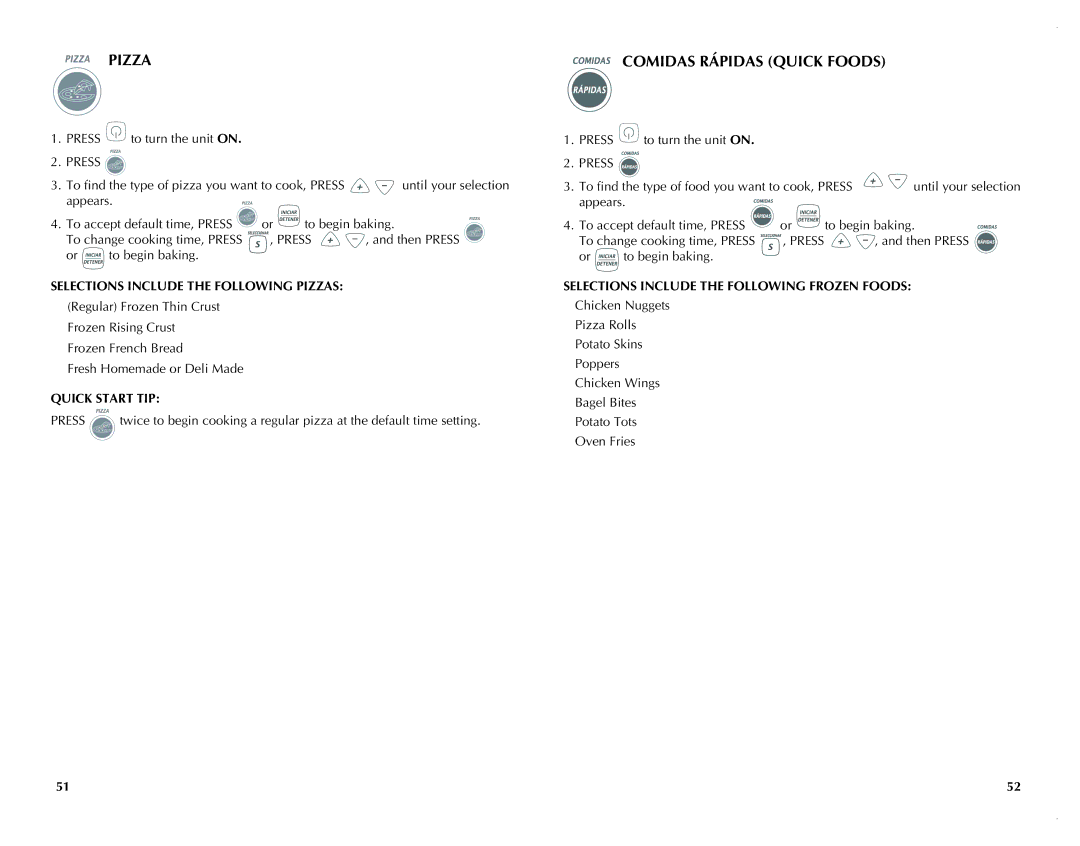 Black & Decker FC351B manual Selections Include the Following Pizzas, Quick Start TIP 