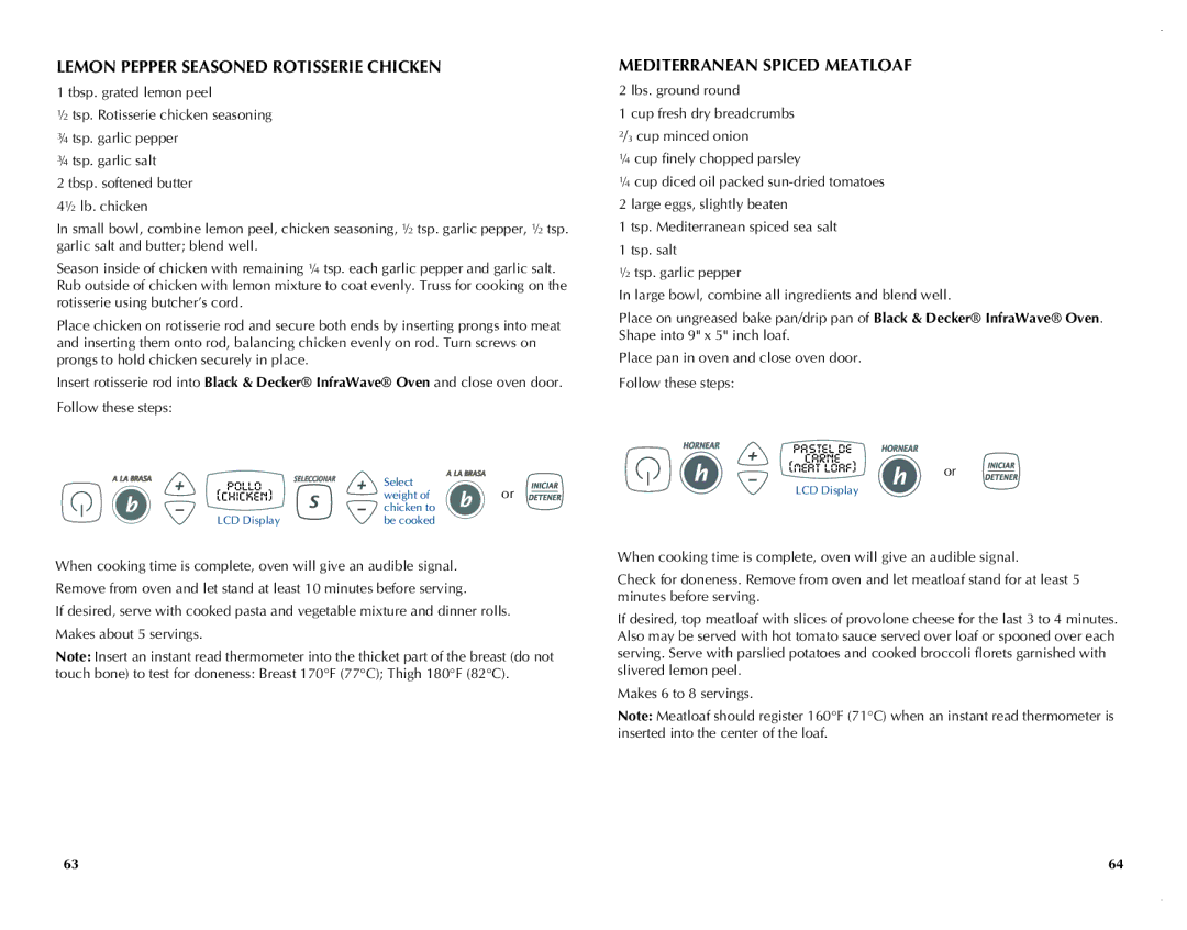 Black & Decker FC351B manual Lemon Pepper Seasoned Rotisserie Chicken, Mediterranean Spiced Meatloaf 