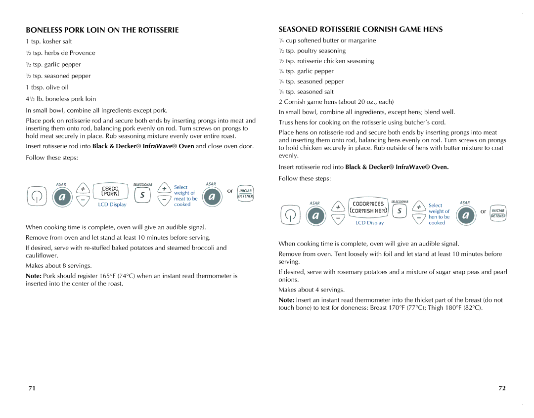 Black & Decker FC351B manual Boneless Pork Loin on the Rotisserie, Seasoned Rotisserie Cornish Game Hens, Cornish hen 