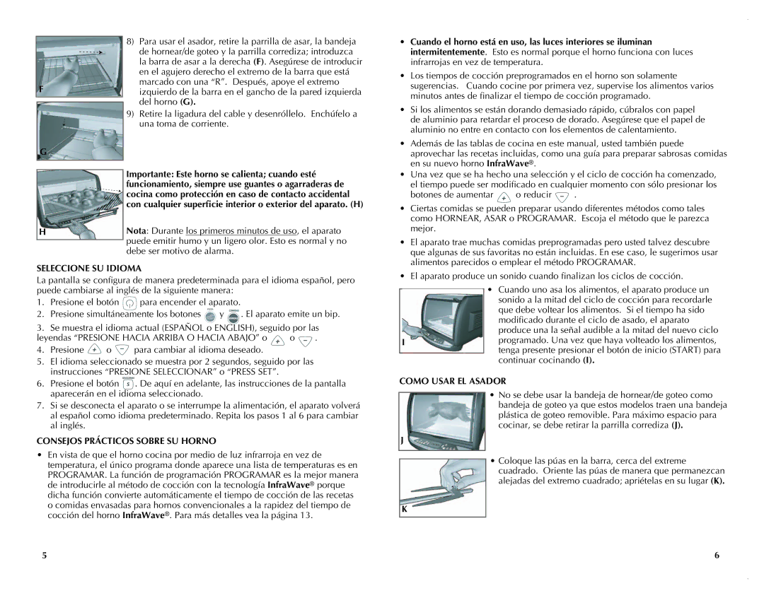 Black & Decker FC351B manual Importante Este horno se calienta cuando esté, Seleccione SU Idioma, Como Usar EL Asador 