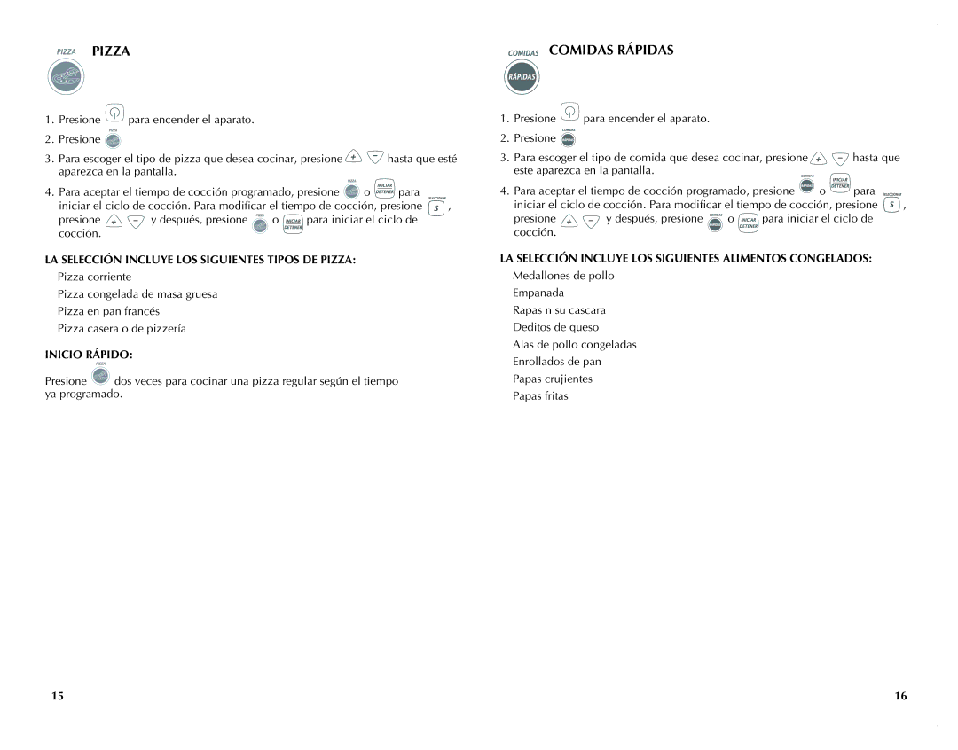 Black & Decker FC351B manual LA Selección Incluye LOS Siguientes Tipos DE Pizza, Inicio Rápido 