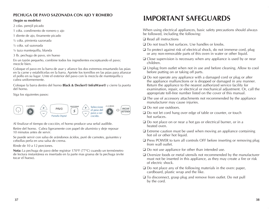 Black & Decker FC351B manual Important Safeguards, Pechuga de pavo sazonada con ajo y romero 