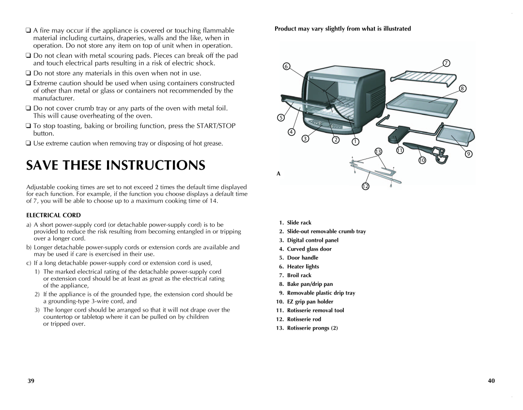 Black & Decker FC351B manual Save These Instructions, Electrical Cord 