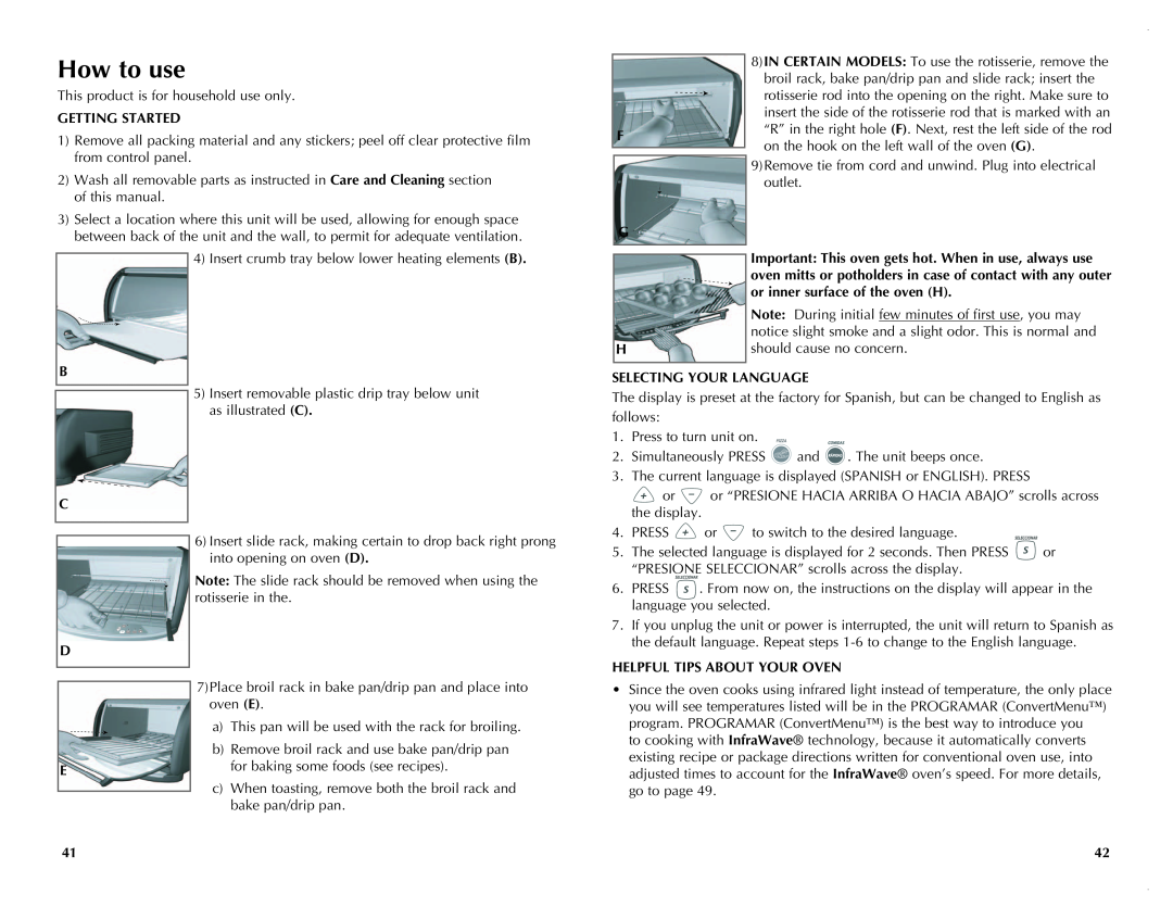 Black & Decker FC351B manual How to use, Getting Started, Selecting Your Language, Helpful Tips About Your Oven 