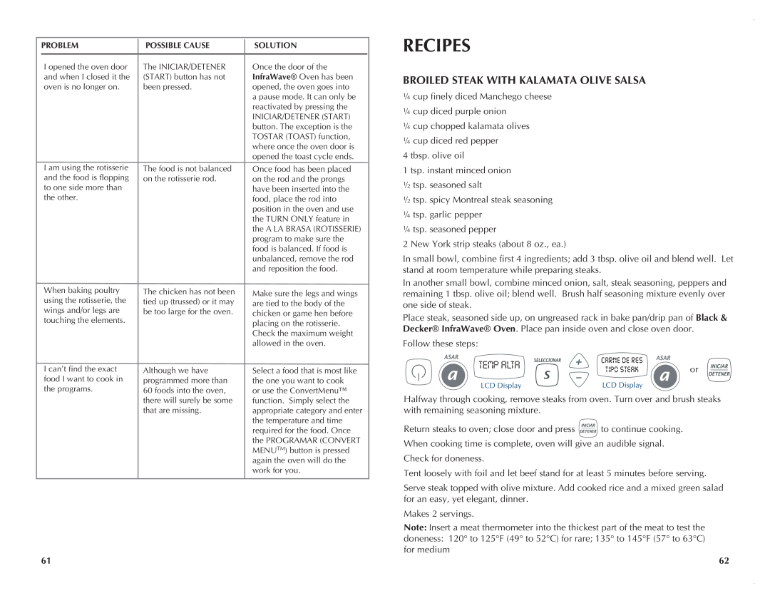 Black & Decker FC351B manual Recipes, Broiled Steak With Kalamata Olive Salsa, Temp Alta 