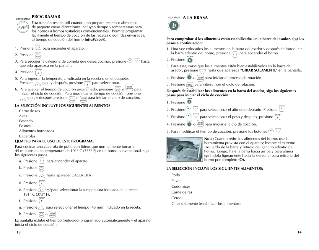 Black & Decker FC351B manual Programar, A La Brasa, La Selección Incluye Los Siguientes Alimentos 