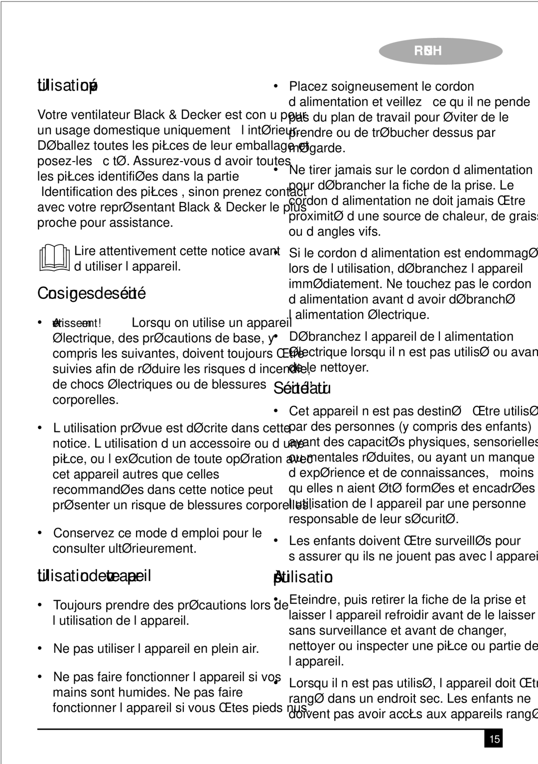 Black & Decker FD1600 manual Utilisation prévue, Consignes de sécurité, Utilisation de votre appareil, Sécurité d’autrui 