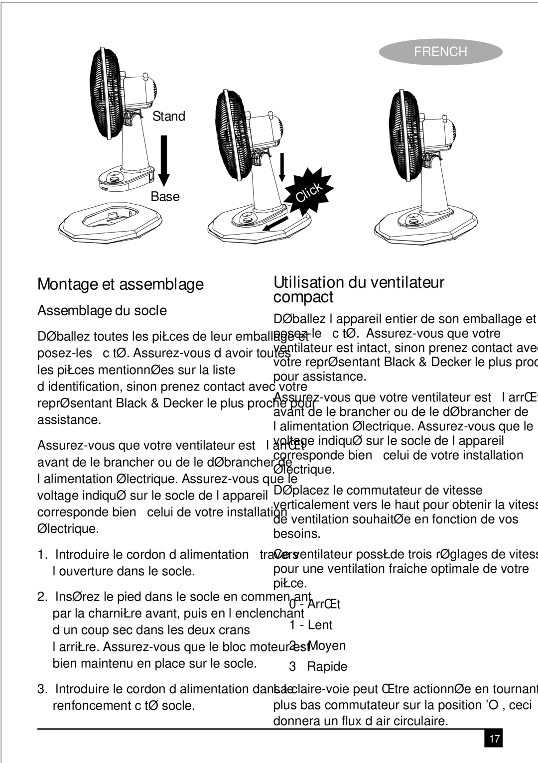 Black & Decker FD1600 manual Montage et assemblage, Utilisation du ventilateur compact, Assemblage du socle 