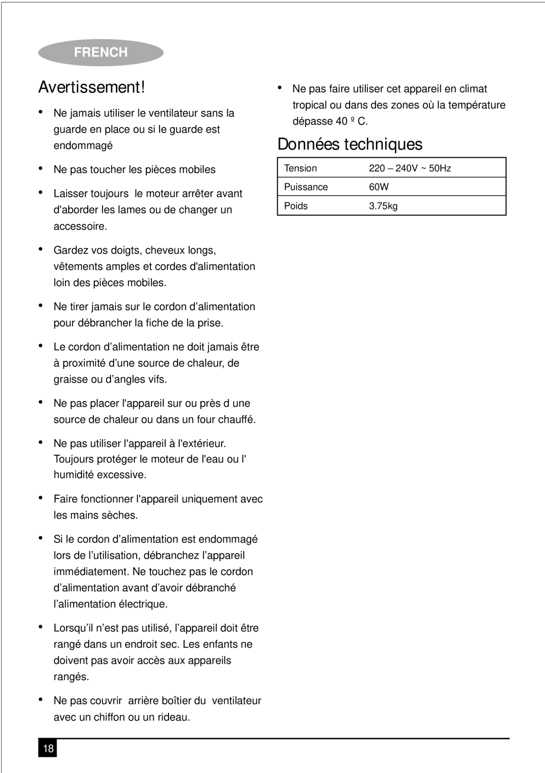 Black & Decker FD1600 manual Avertissement, Données techniques 