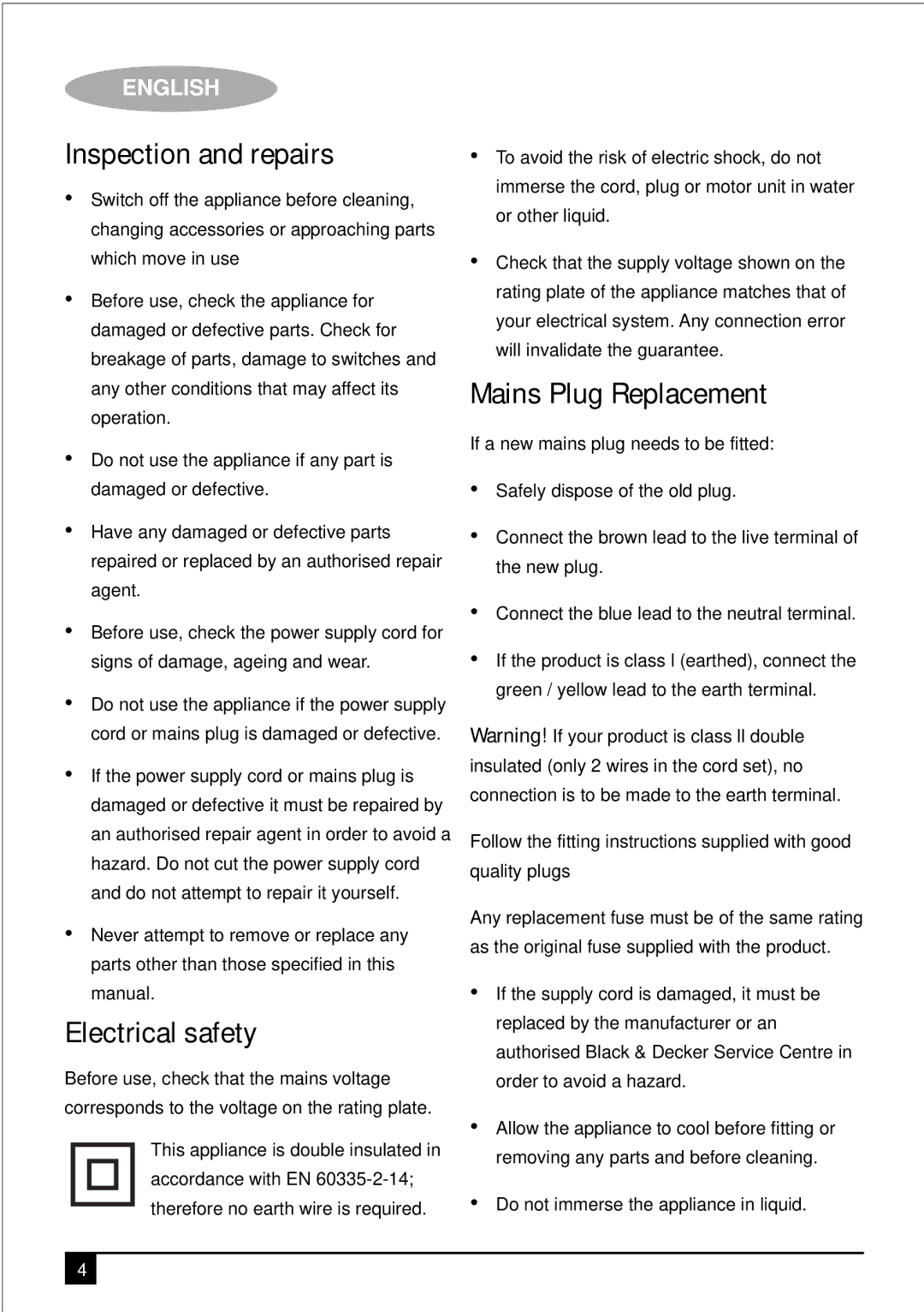 Black & Decker FD1600 manual Inspection and repairs, Electrical safety, Mains Plug Replacement 