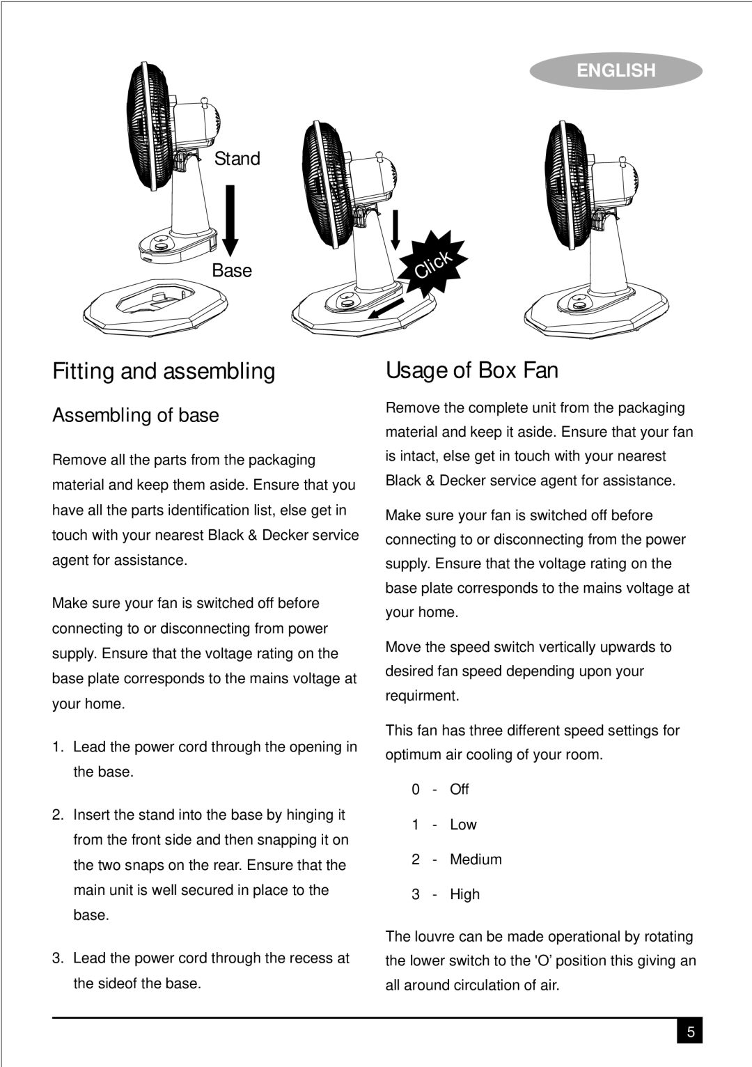 Black & Decker FD1600 manual Fitting and assembling, Usage of Box Fan, Assembling of base 