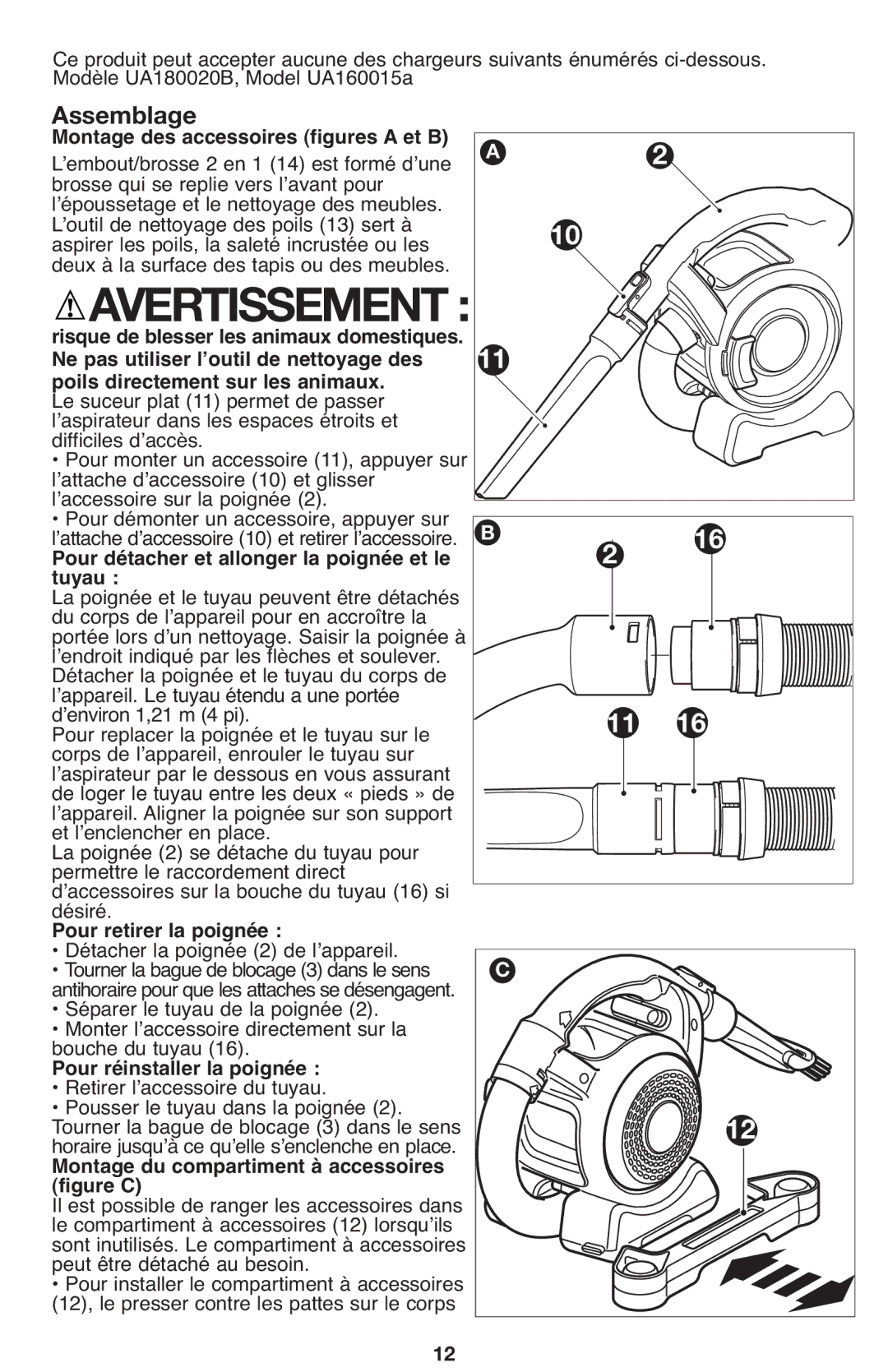 Black & Decker FHV1200, FHV1080, 90564858 manual Pour détacher et allonger la poignée et le tuyau, Pour retirer la poignée 