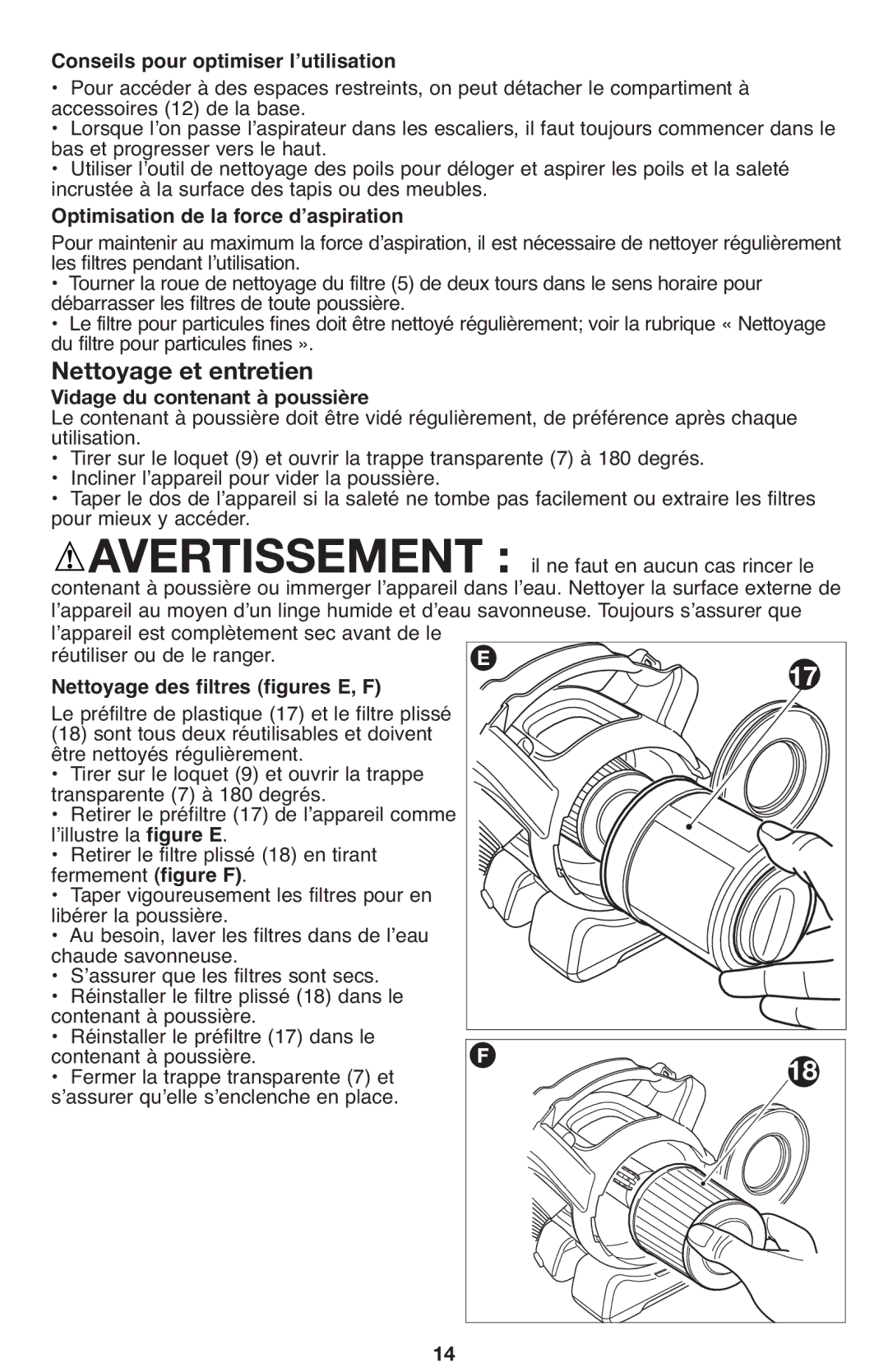 Black & Decker 90564858 Nettoyage et entretien, Conseils pour optimiser lʼutilisation, Vidage du contenant à poussière 