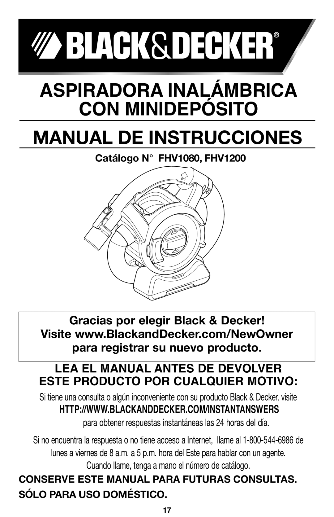 Black & Decker 90564858, FHV1200, FHV1080 manual Sólo Para USO Doméstico 