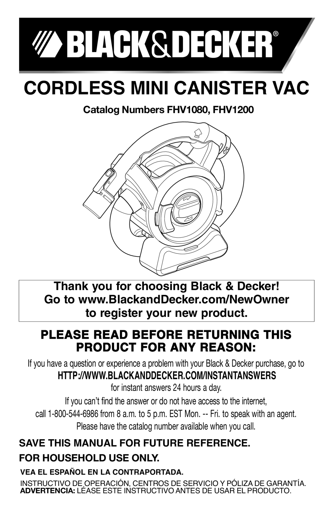 Black & Decker 90564858 manual Cordless Mini Canister Vac, Catalog Numbers FHV1080, FHV1200, For Household Use Only 