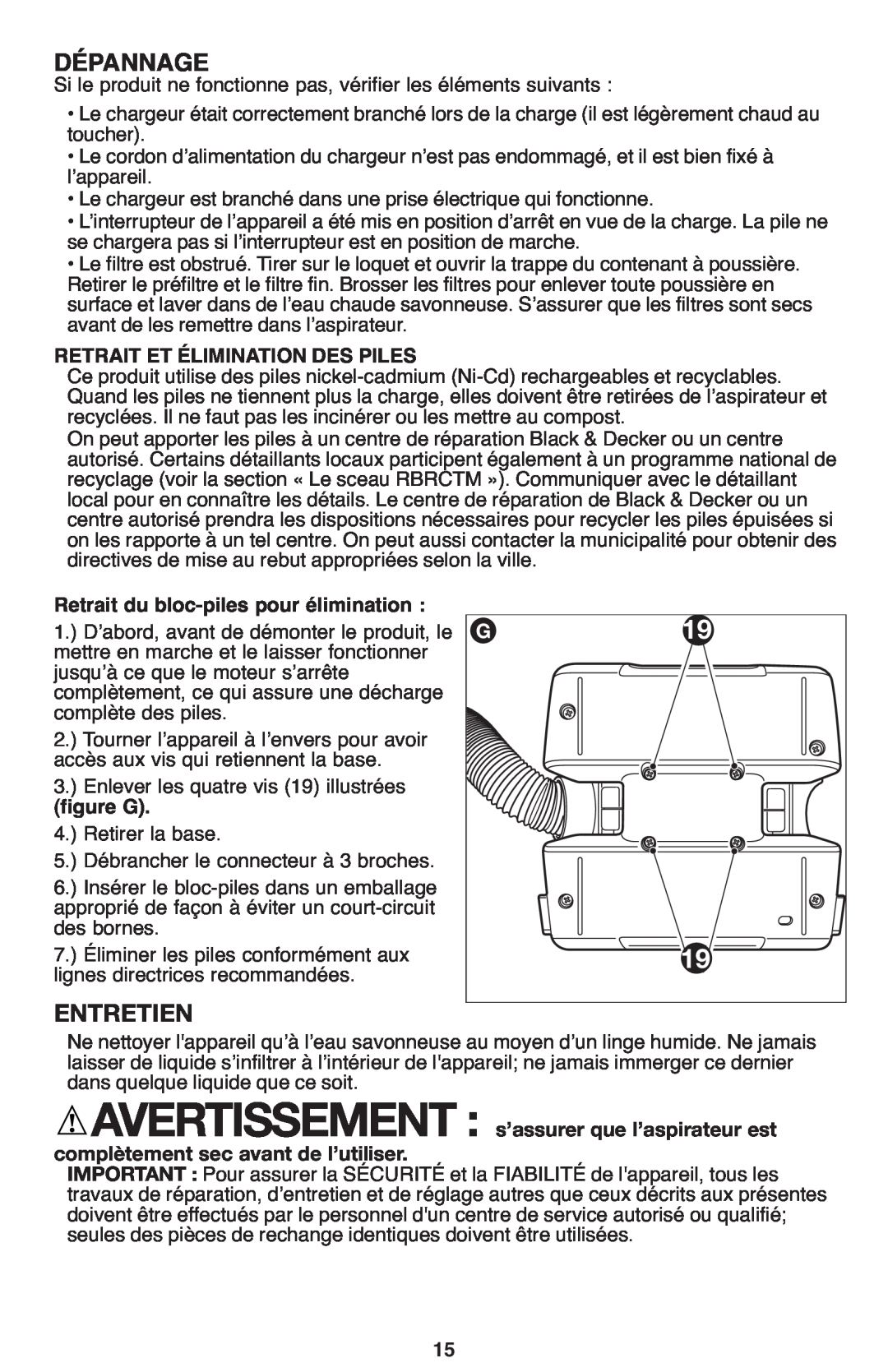Black & Decker FHV1200 manual Dépannage, Retrait Et Élimination Des Piles, Retrait du bloc-piles pour élimination, figure G 