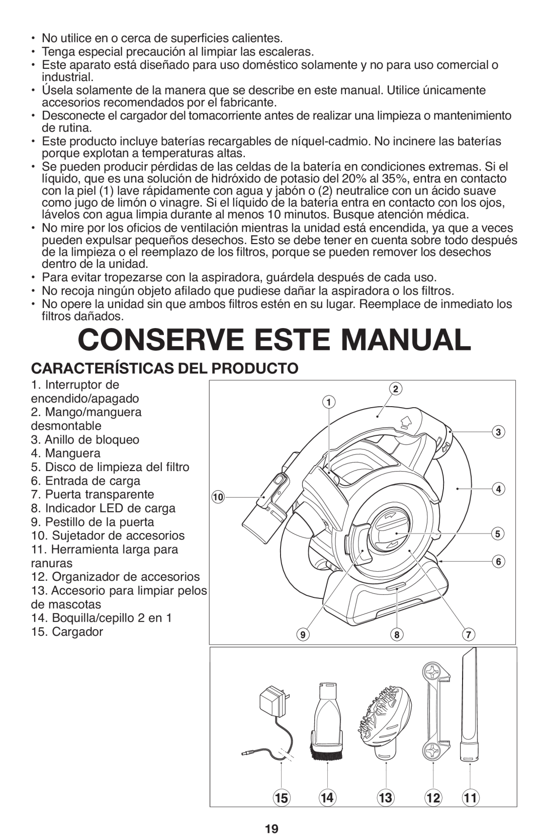 Black & Decker FHV1080, FHV1200 manual Conserve Este Manual, CARACTERÍSTICAS1. Interruptor de DEL PRODUCTO encendido/apagado 