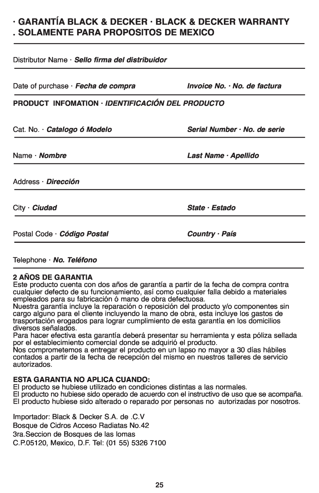 Black & Decker FHV1080, FHV1200 · Garantía Black & Decker · Black & Decker Warranty, Solamente Para Propositos De Mexico 