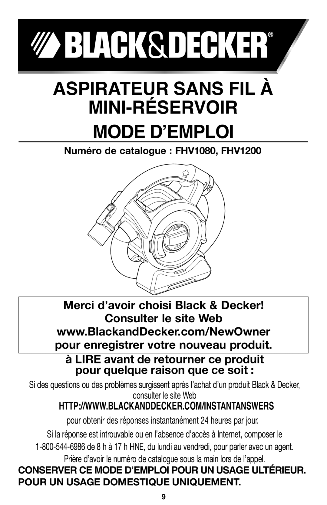 Black & Decker 90564858 manual Aspirateur Sans Fil À Mini-Réservoir Mode Dʼemploi, Numéro de catalogue FHV1080, FHV1200 