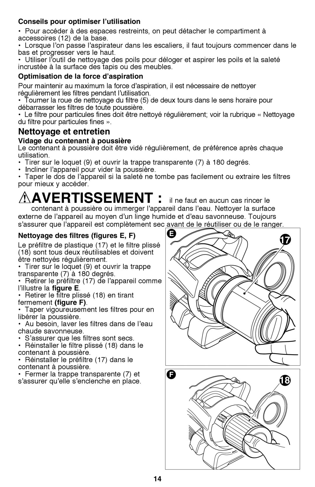 Black & Decker FHV1200R Nettoyage et entretien, Conseils pour optimiser l’utilisation, Vidage du contenant à poussière 