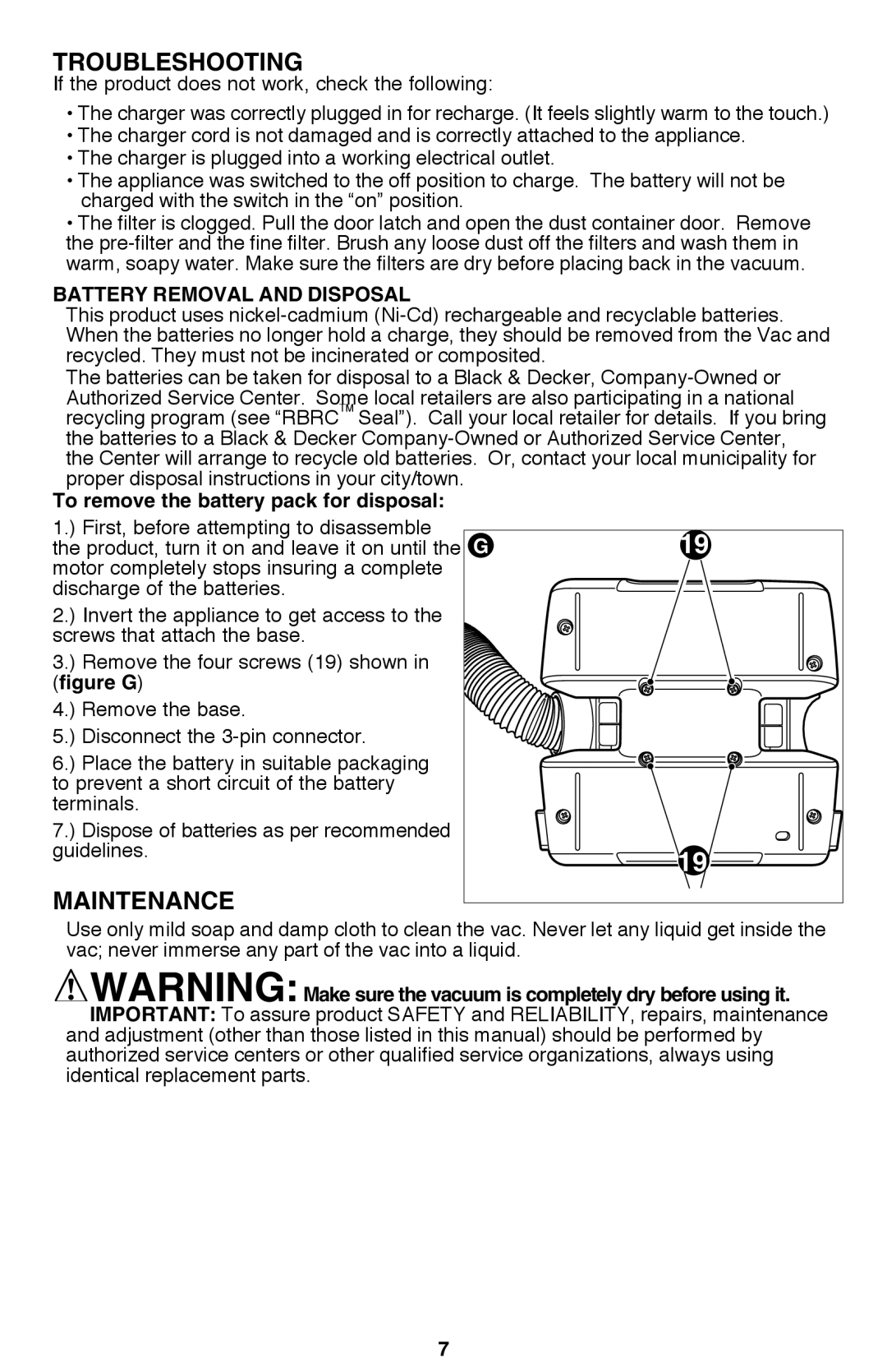 Black & Decker FHV1080 Troubleshooting, Maintenance, Battery Removal and Disposal, To remove the battery pack for disposal 