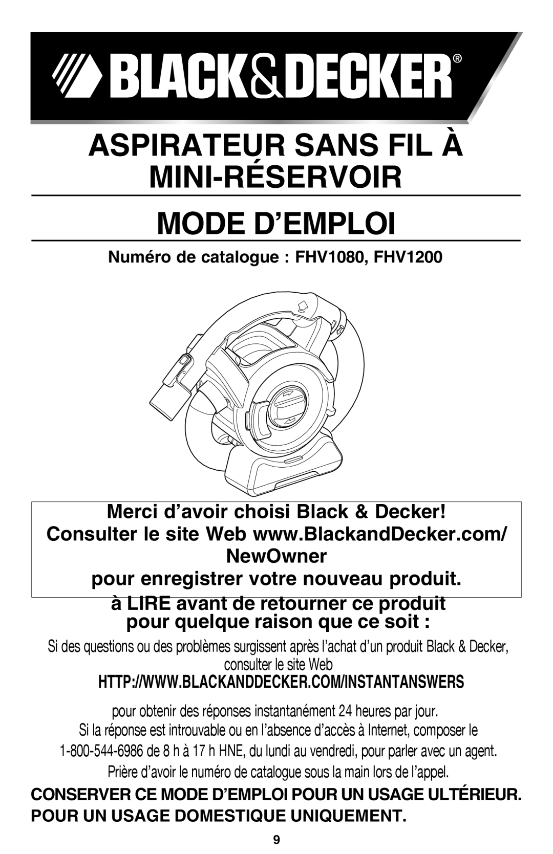 Black & Decker FHV1080, FHV1200R manual Aspirateur sans fil à Mini-réservoir Mode d’emploi 