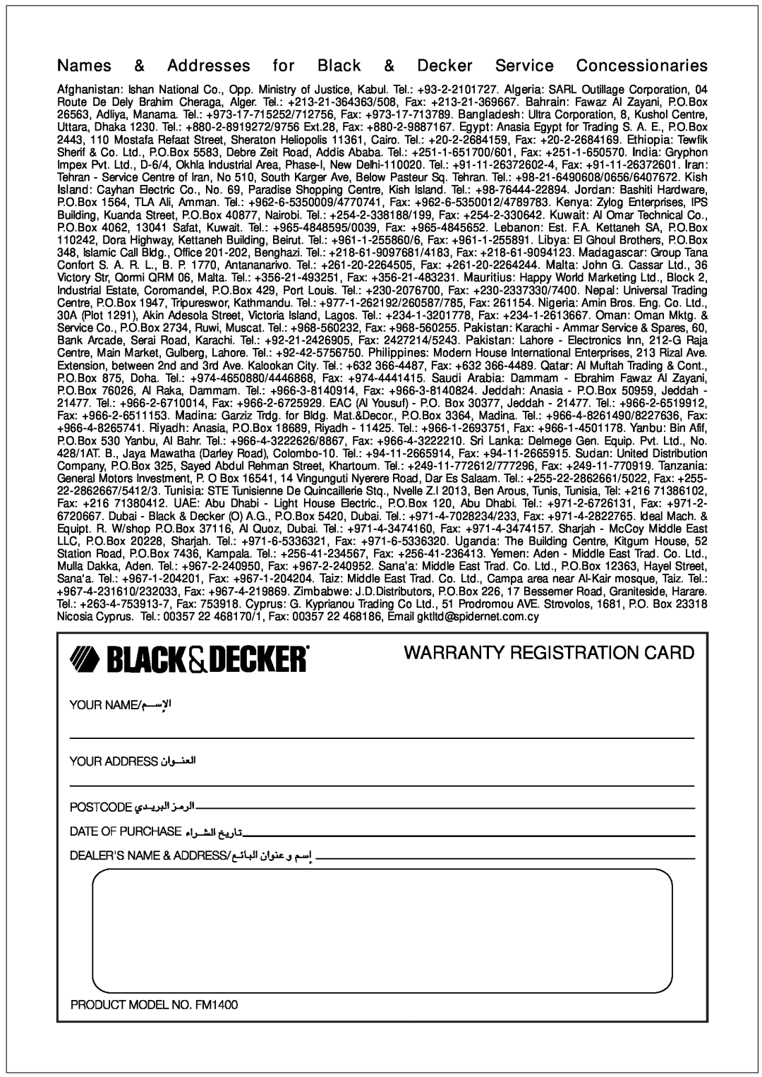 Black & Decker FM1400 manual Warranty Registration Card, Names & Addresses for Black & Decker Service Concessionaries 