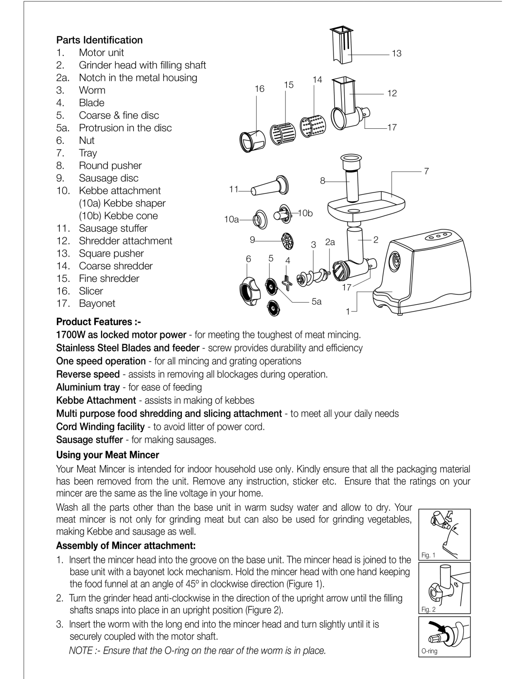 Black & Decker FM1700 manual Product Features, Using your Meat Mincer, Assembly of Mincer attachment 