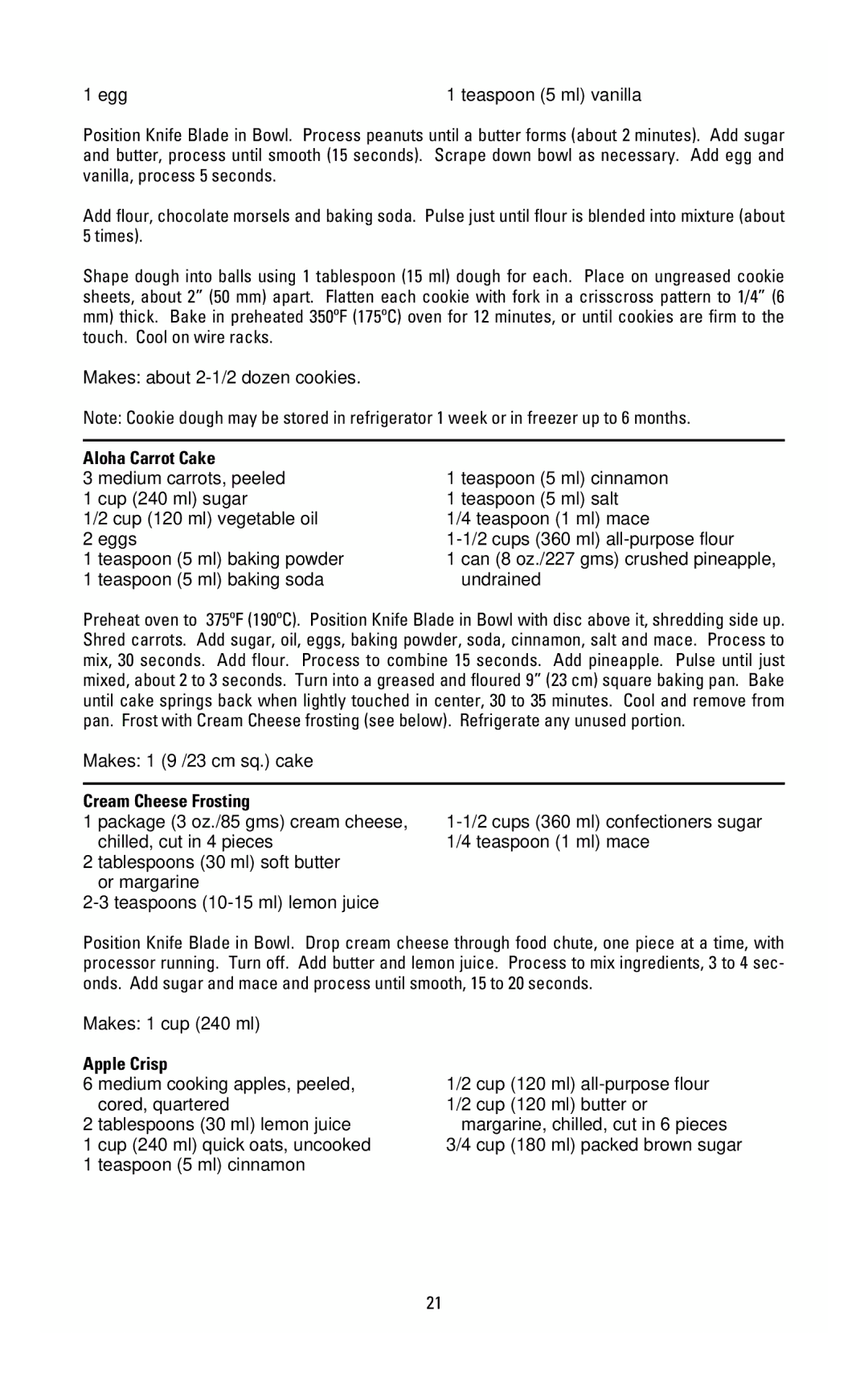 Black & Decker FP1000 manual Aloha Carrot Cake, Cream Cheese Frosting, Apple Crisp 