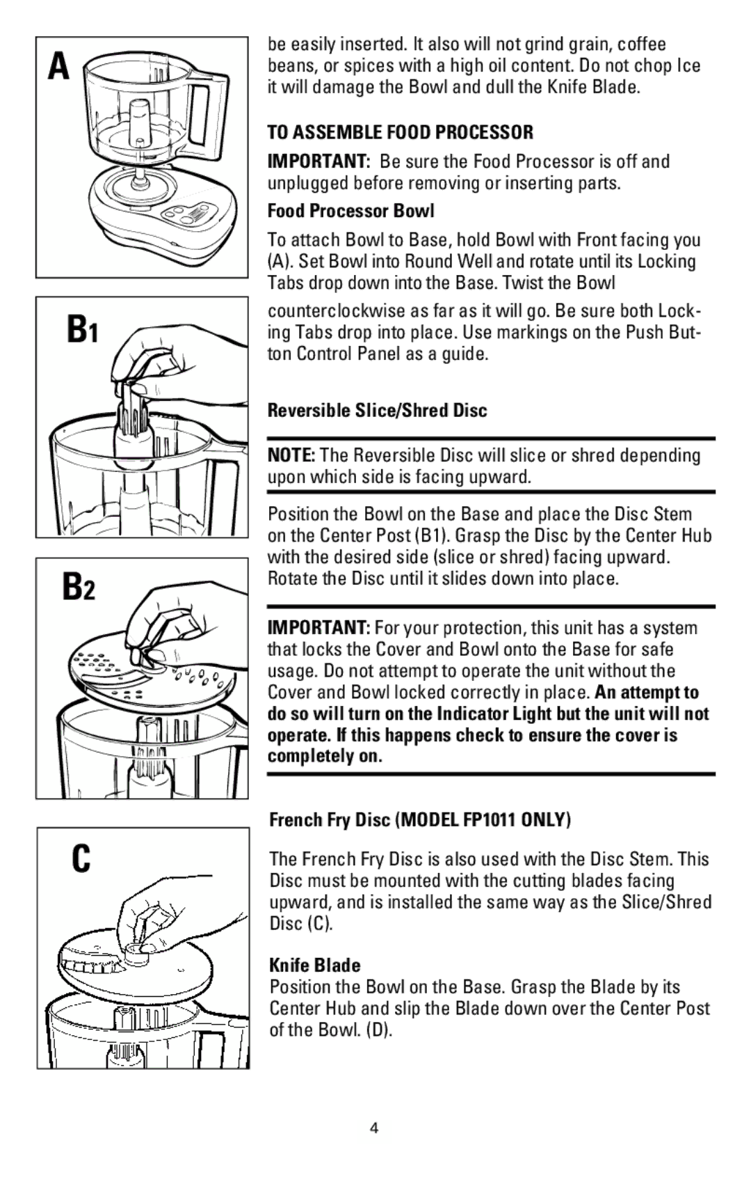 Black & Decker FP1000 manual To Assemble Food Processor, Food Processor Bowl, Reversible Slice/Shred Disc, Knife Blade 