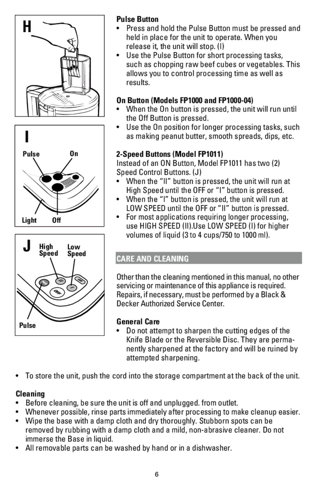 Black & Decker Pulse Button, On Button Models FP1000 and FP1000-04, Speed Buttons Model FP1011, General Care, Cleaning 