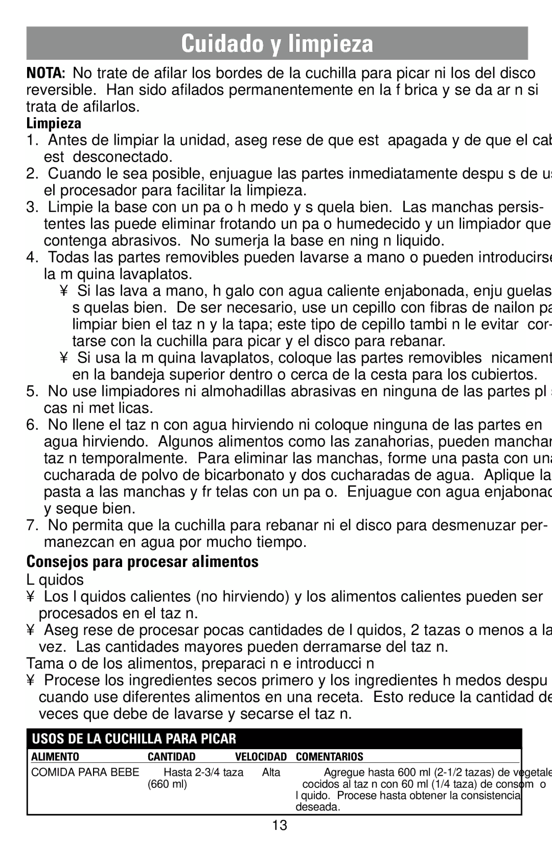 Black & Decker FP1200 manual Cuidado y limpieza, Consejos para procesar alimentos, Limpieza, Líquidos 