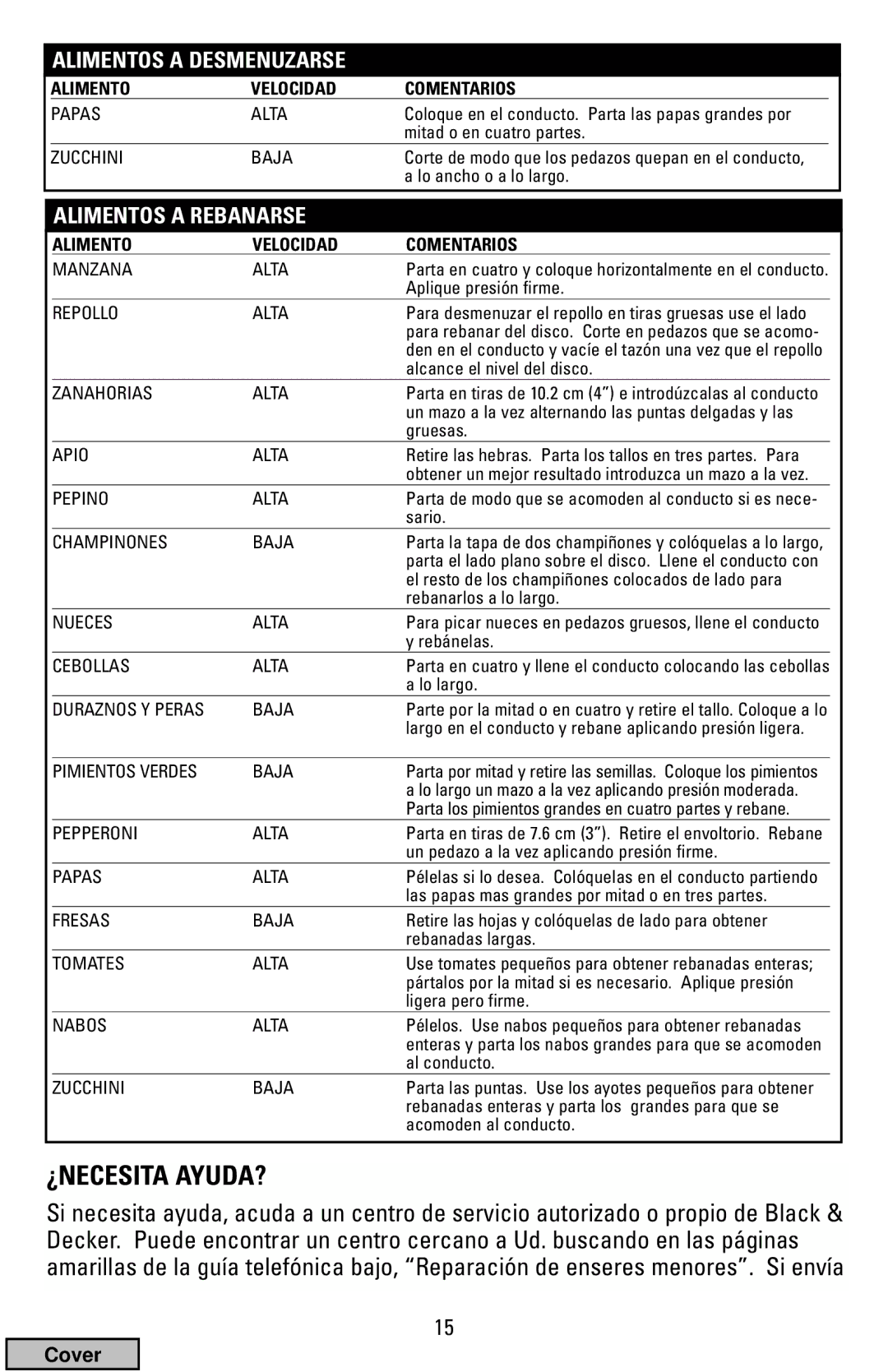 Black & Decker FP1200 manual ¿Necesita Ayuda?, Alimentos a Rebanarse 